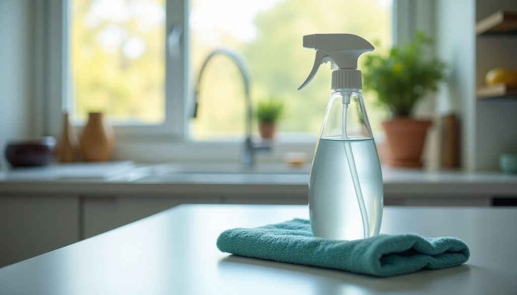 Spray bottle and cloth on a kitchen counter