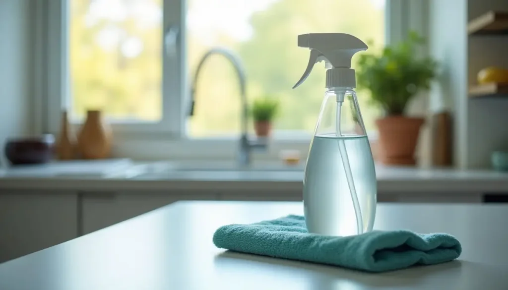 Spray bottle and cloth on a kitchen counter