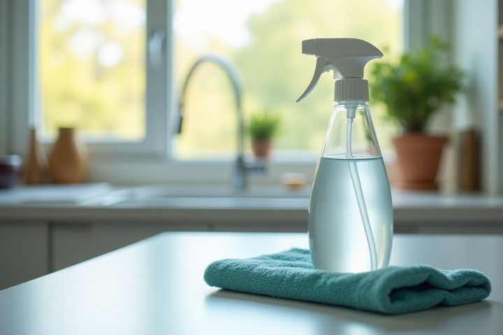 Spray bottle and cloth on a kitchen counter