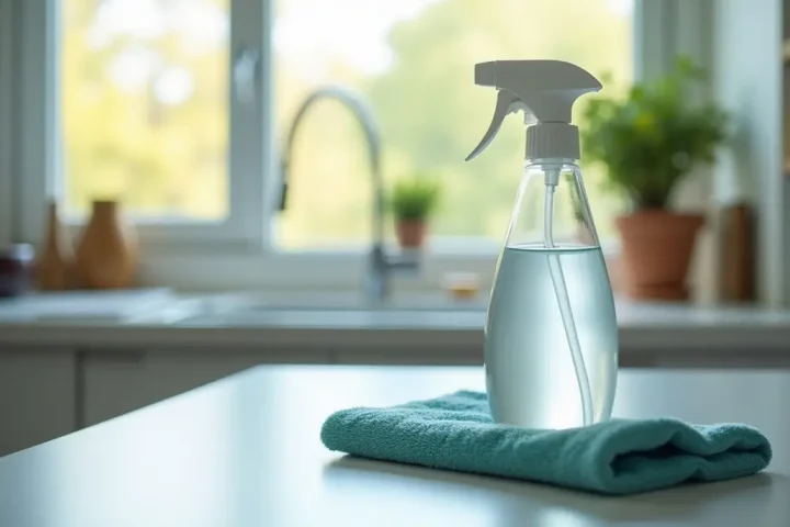 Spray bottle and cloth on a kitchen counter
