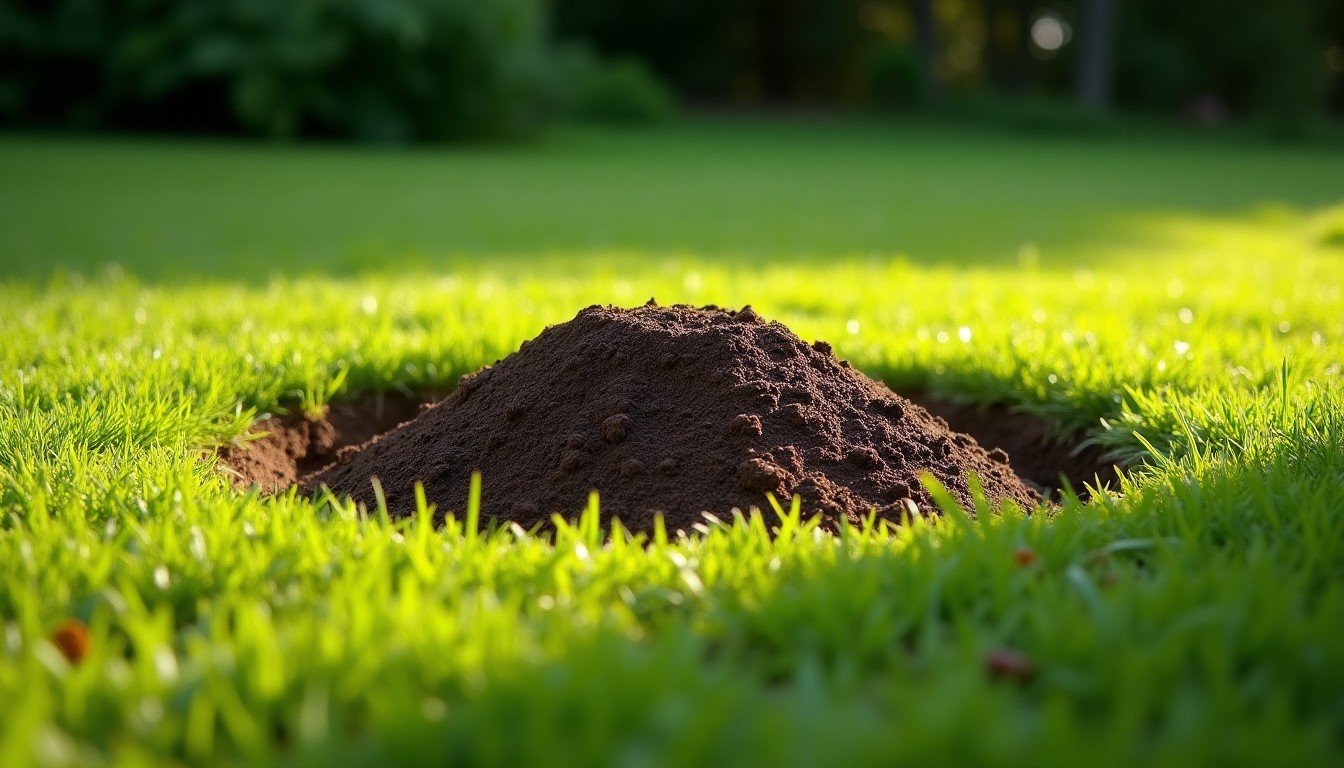Hole in a lawn with a small soil mound