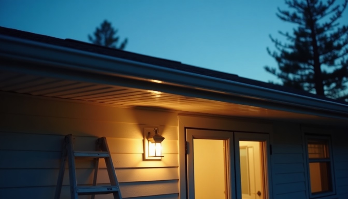 Soffit at dusk with a ladder against the wall