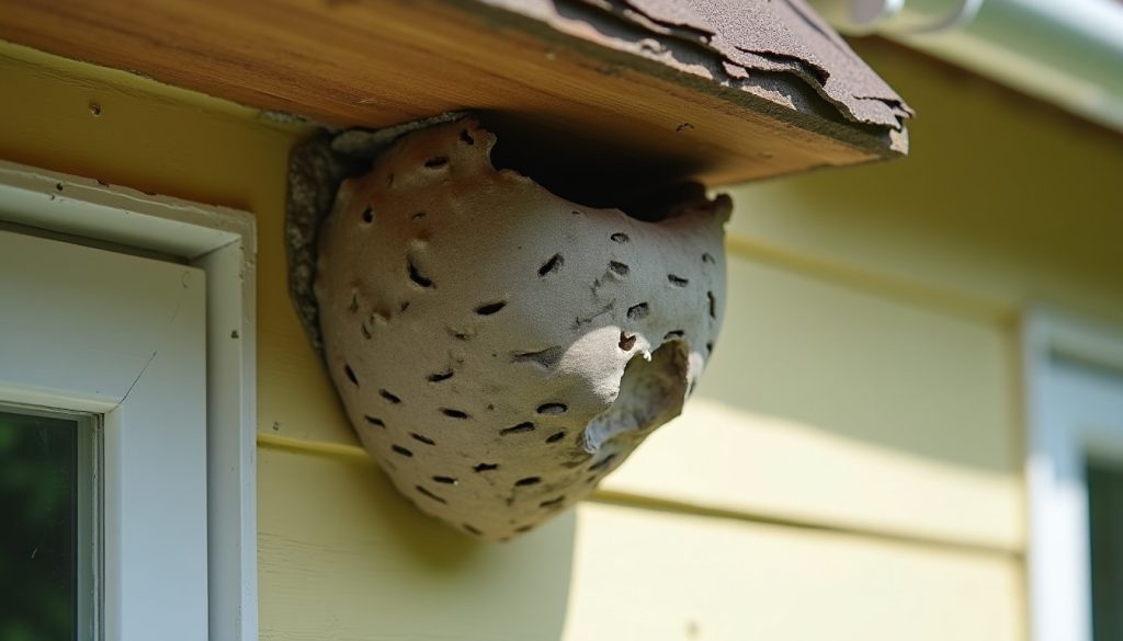 Wasp nest hanging under the eaves of a house