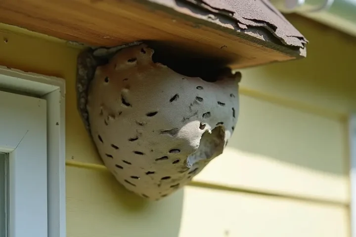 Wasp nest hanging under the eaves of a house