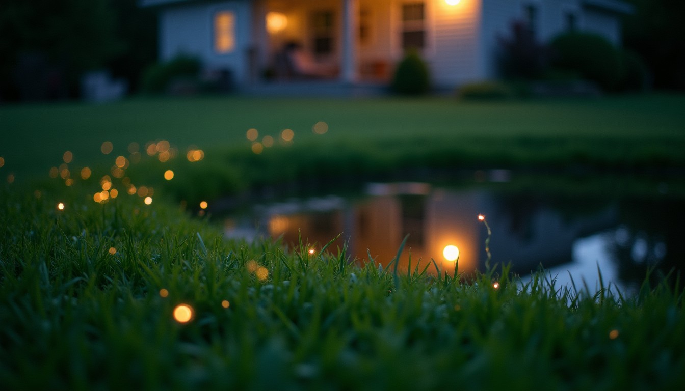 Fireflies glowing over a lawn at twilight