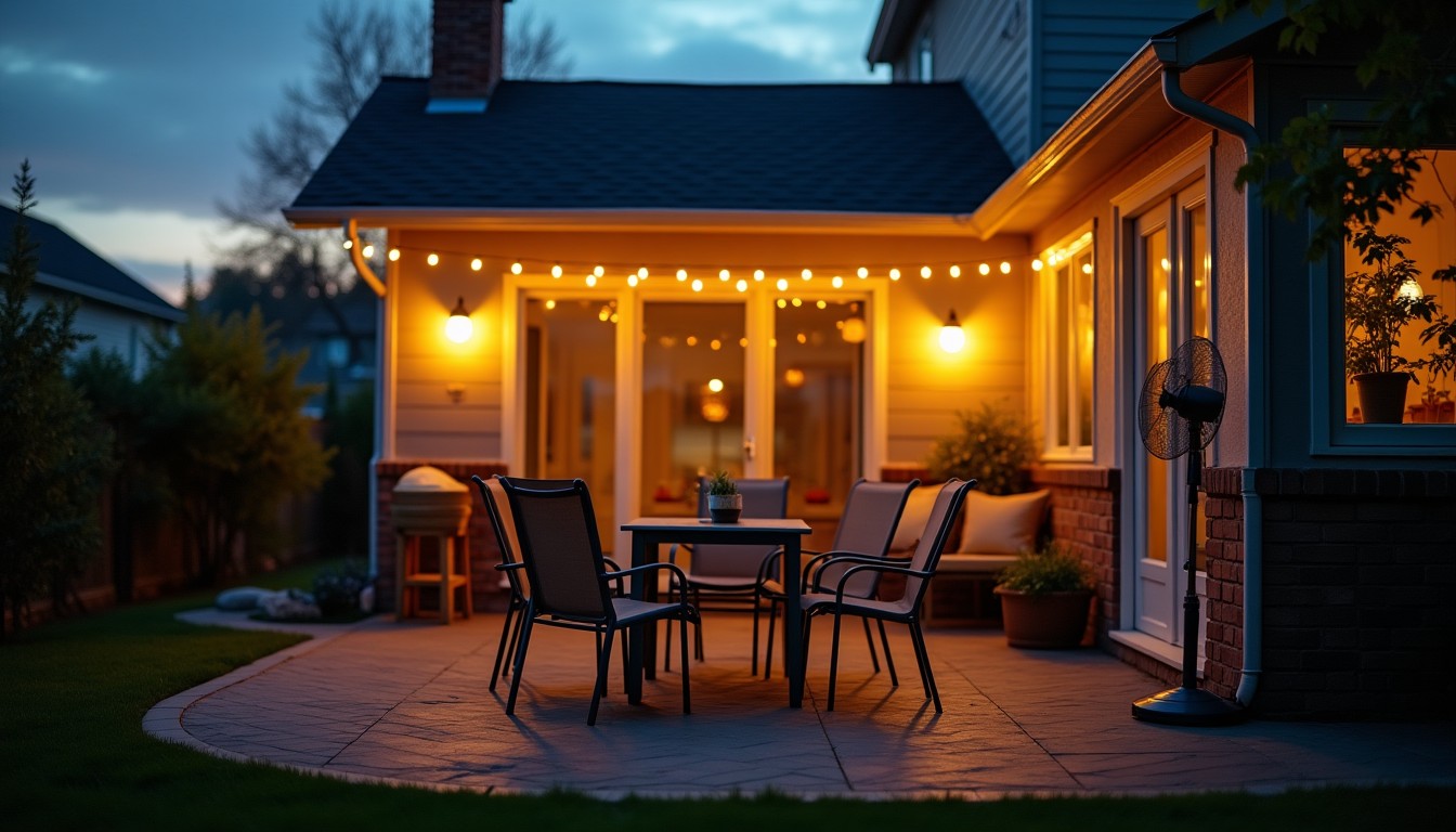 Empty patio at dusk with a standing fan