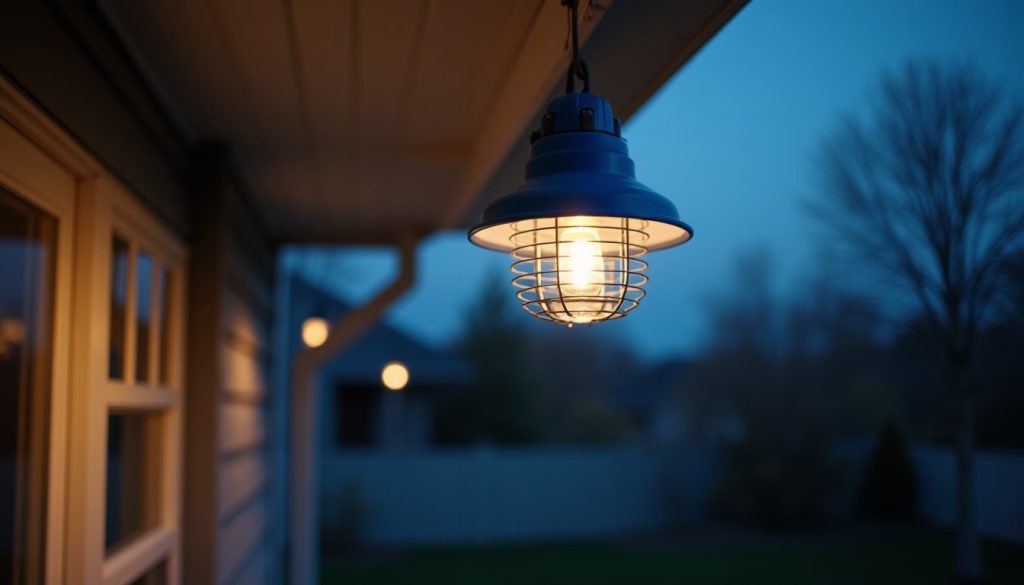 Electric bug zapper glowing on a porch at dusk