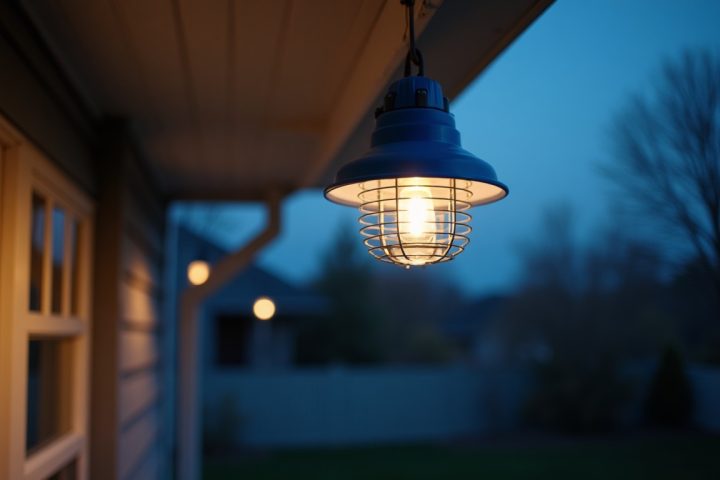 Electric bug zapper glowing on a porch at dusk