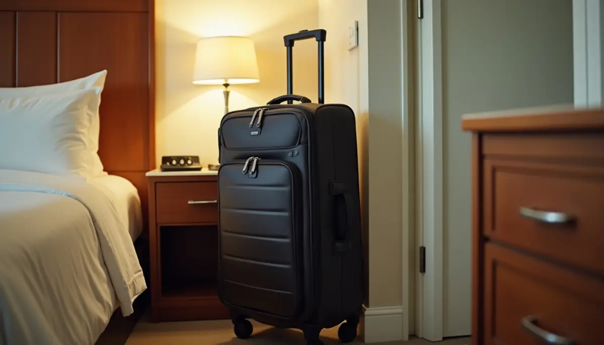 Hotel room luggage rack holding a suitcase