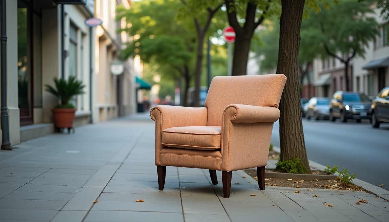 Second-hand upholstered chair on a sidewalk