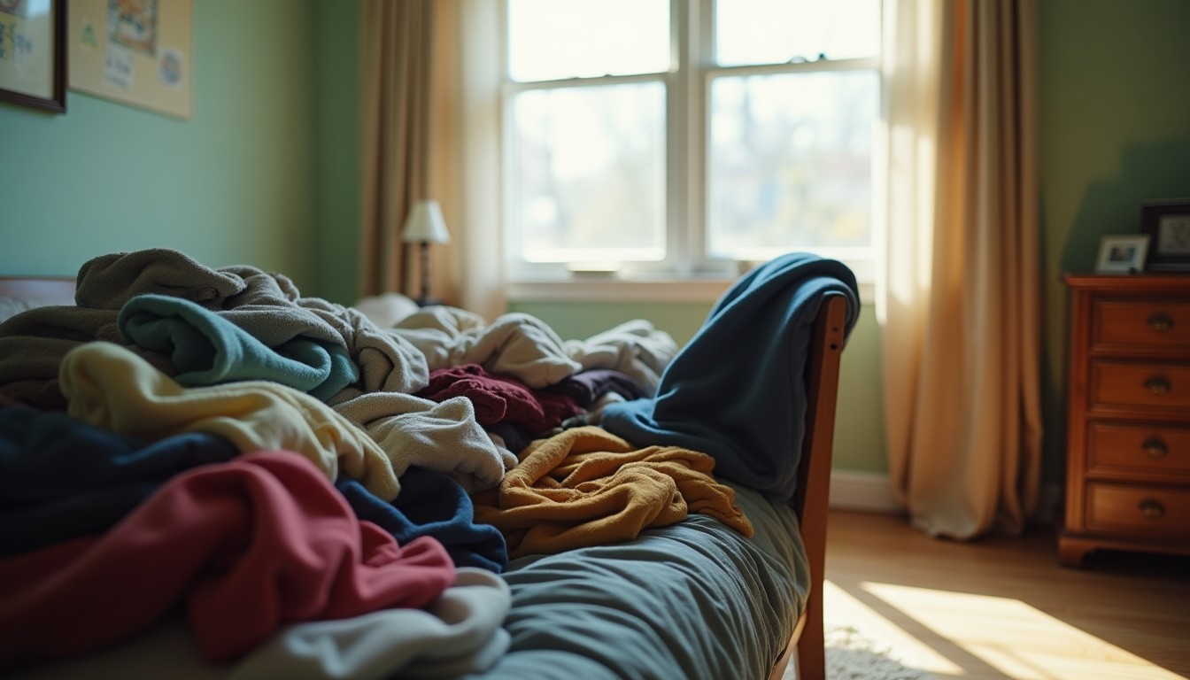 Bedroom with clothes piled on a chair