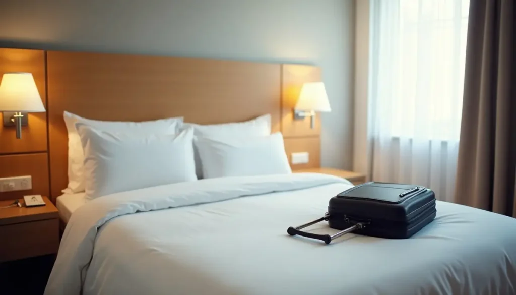 Hotel bedroom with white linen and a suitcase