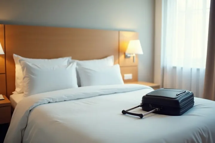 Hotel bedroom with white linen and a suitcase