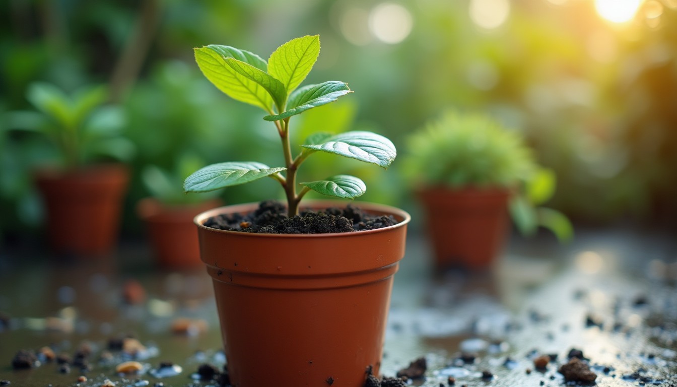 Overwatered potted plant with wet soil