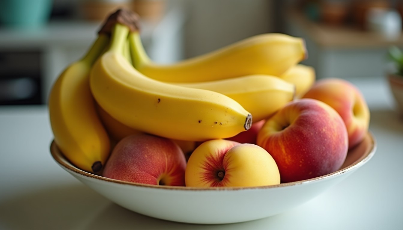 Bowl of ripe bananas and peaches on a counter