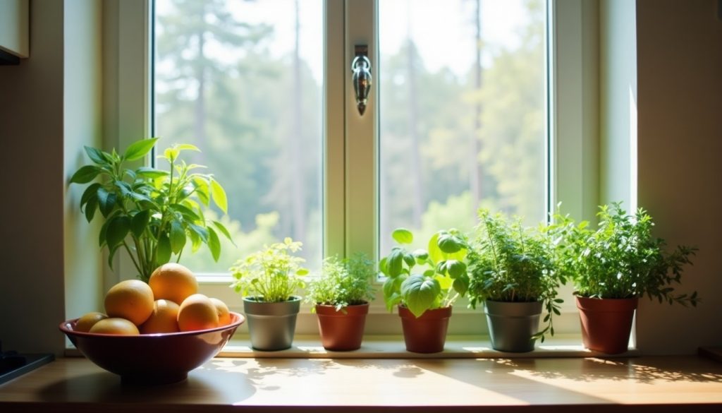Kitchen windowsill with potted herbs and a fruit bowl