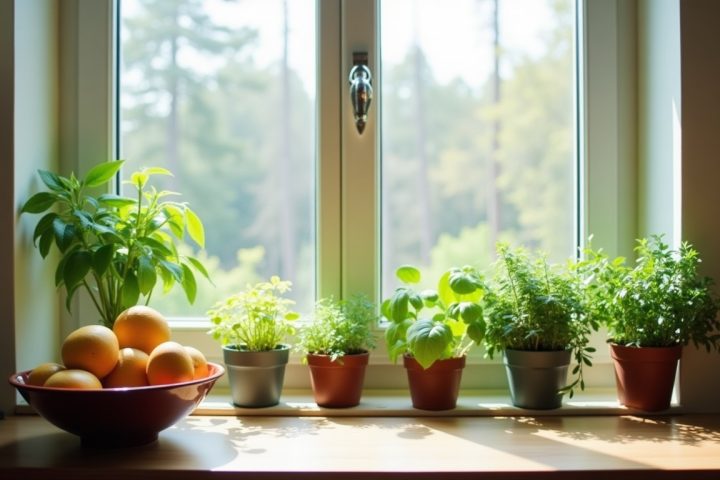 Kitchen windowsill with potted herbs and a fruit bowl