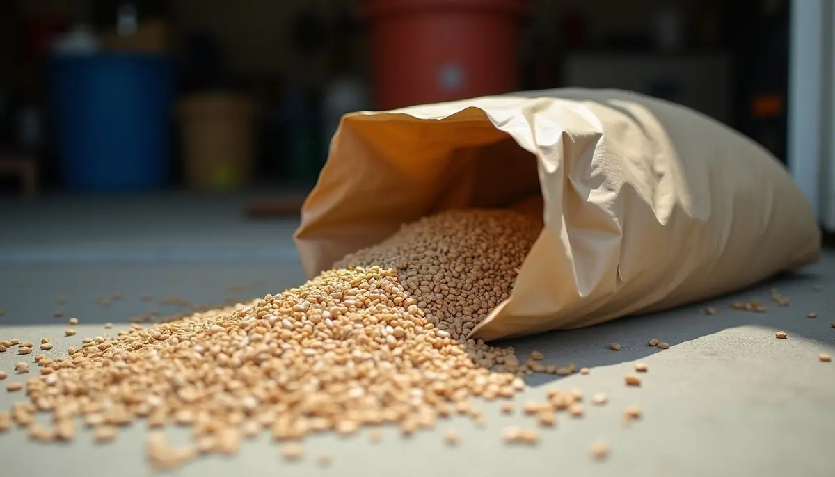 Bag of bird seed open on a garage floor