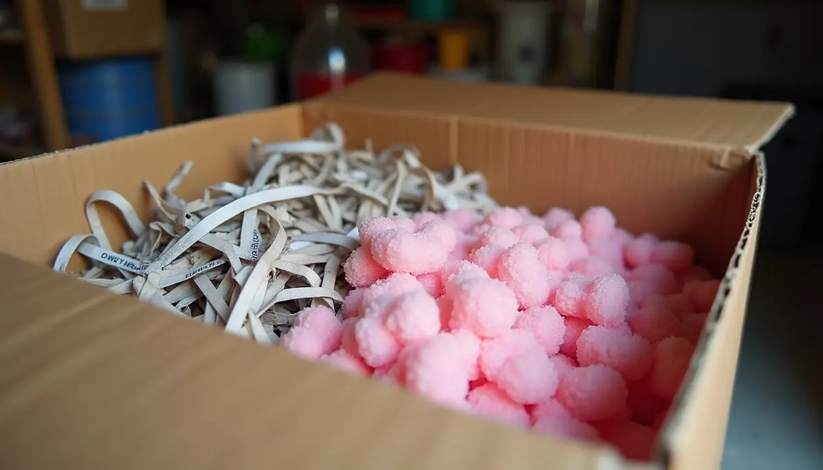 Shredded paper and insulation in a cardboard box in a garage