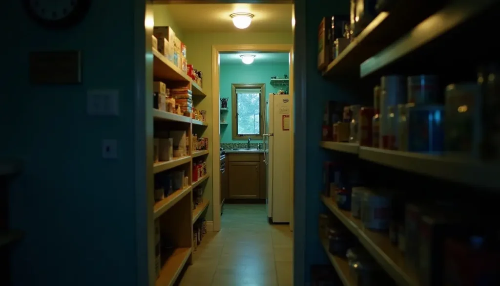 Kitchen pantry at night lit by a single light
