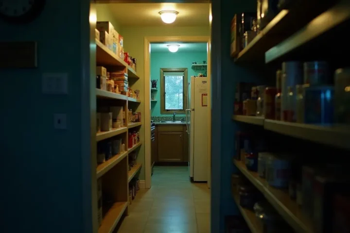 Kitchen pantry at night lit by a single light