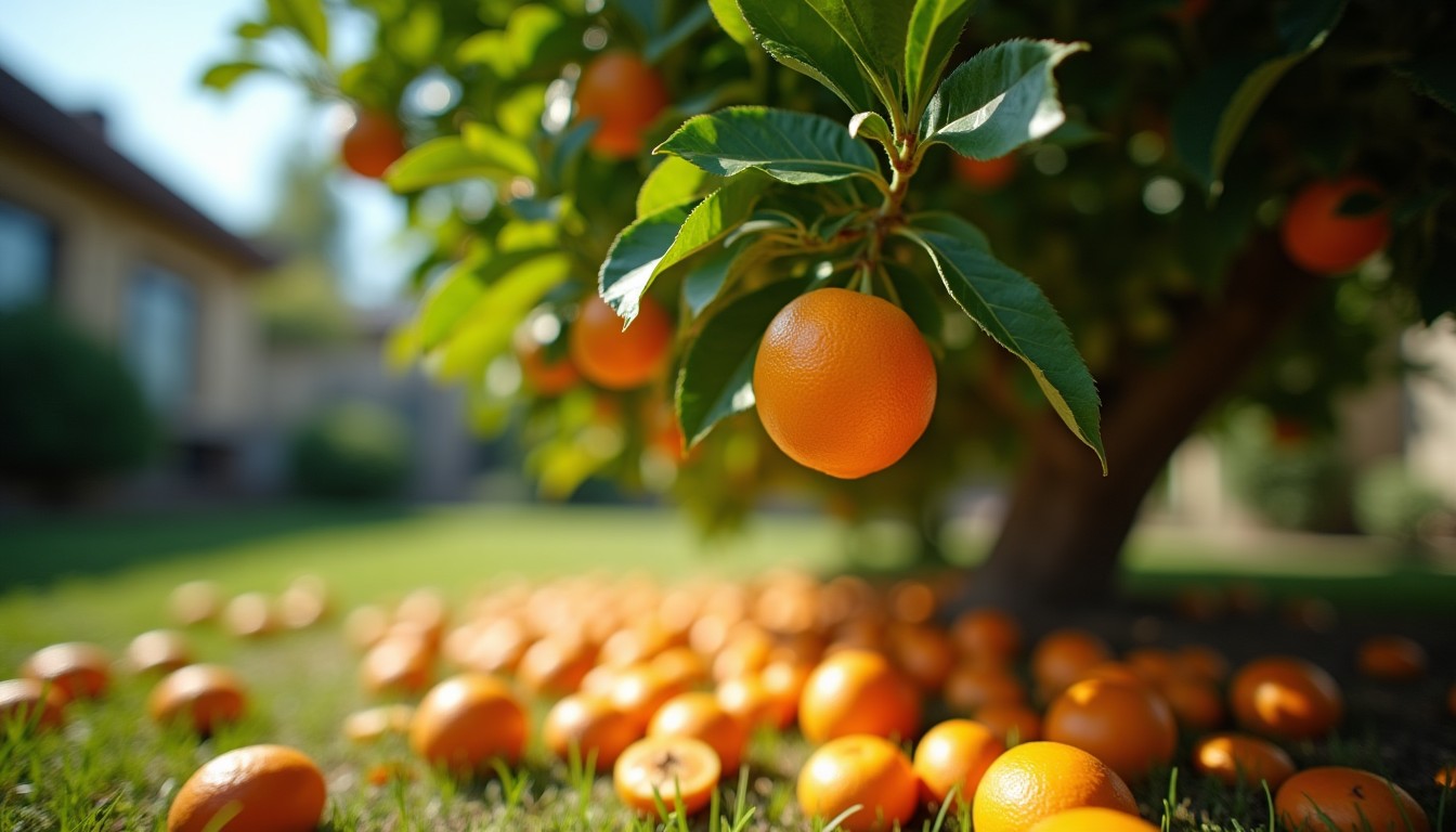 Fallen fruit under a backyard citrus tree