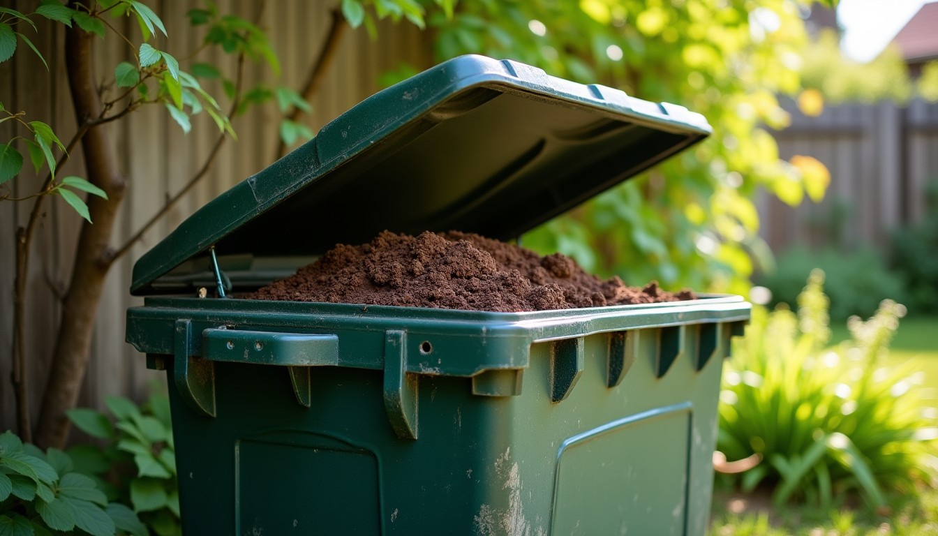 Compost bin with an open lid beside a garden