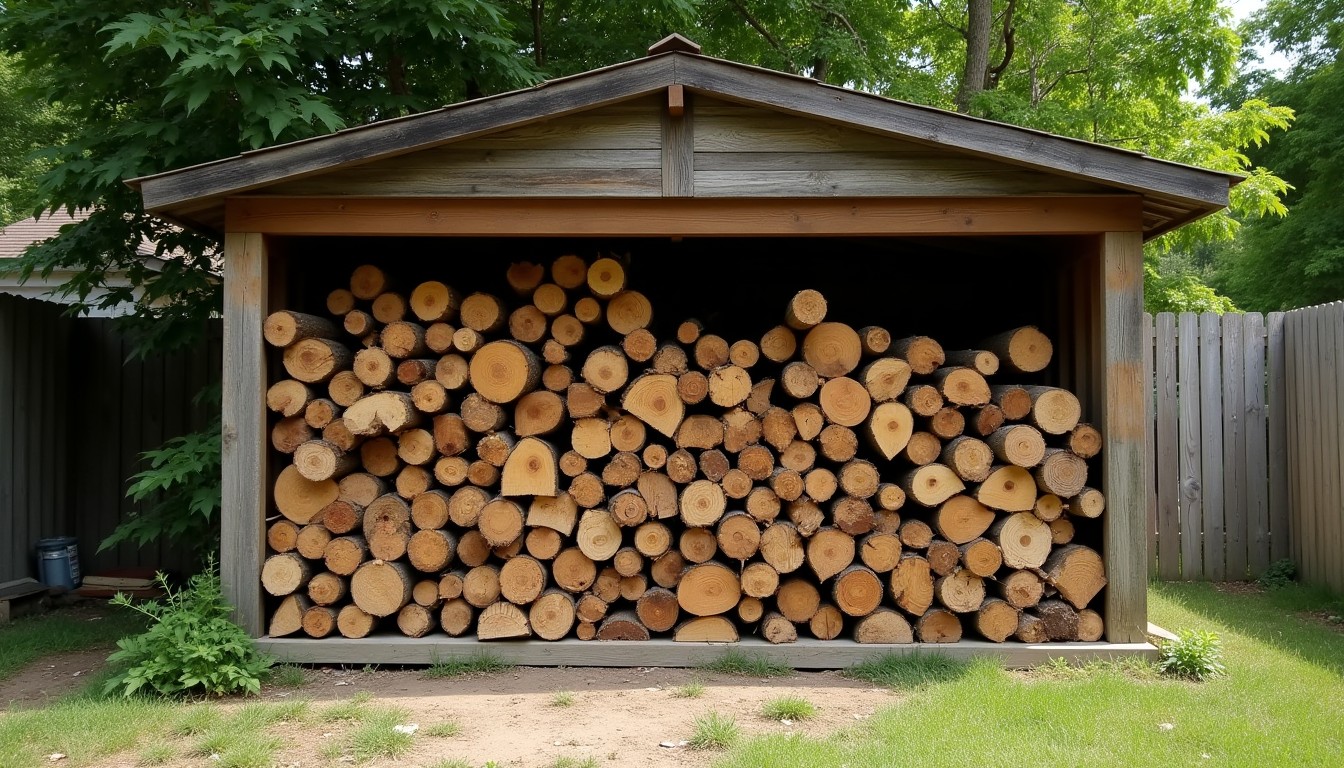 Woodpile stacked against a garden shed