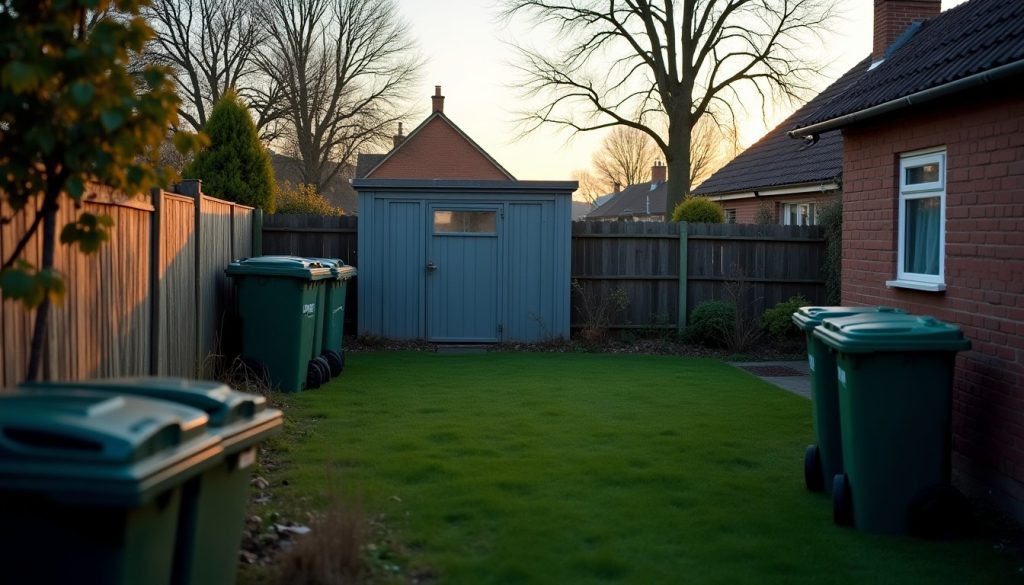 Backyard with rubbish bins and a shed at dusk