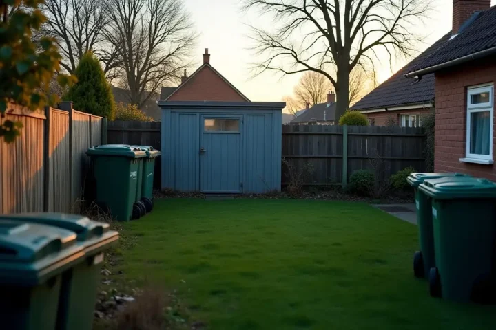 Backyard with rubbish bins and a shed at dusk