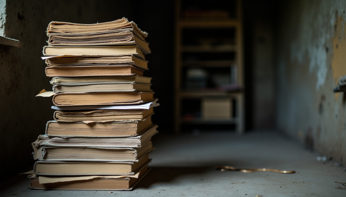 Stack of old books and papers in a damp basement