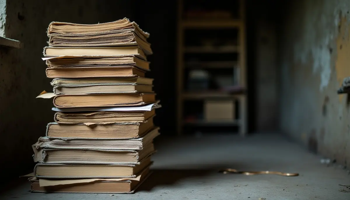 Stack of old books and papers in a damp basement
