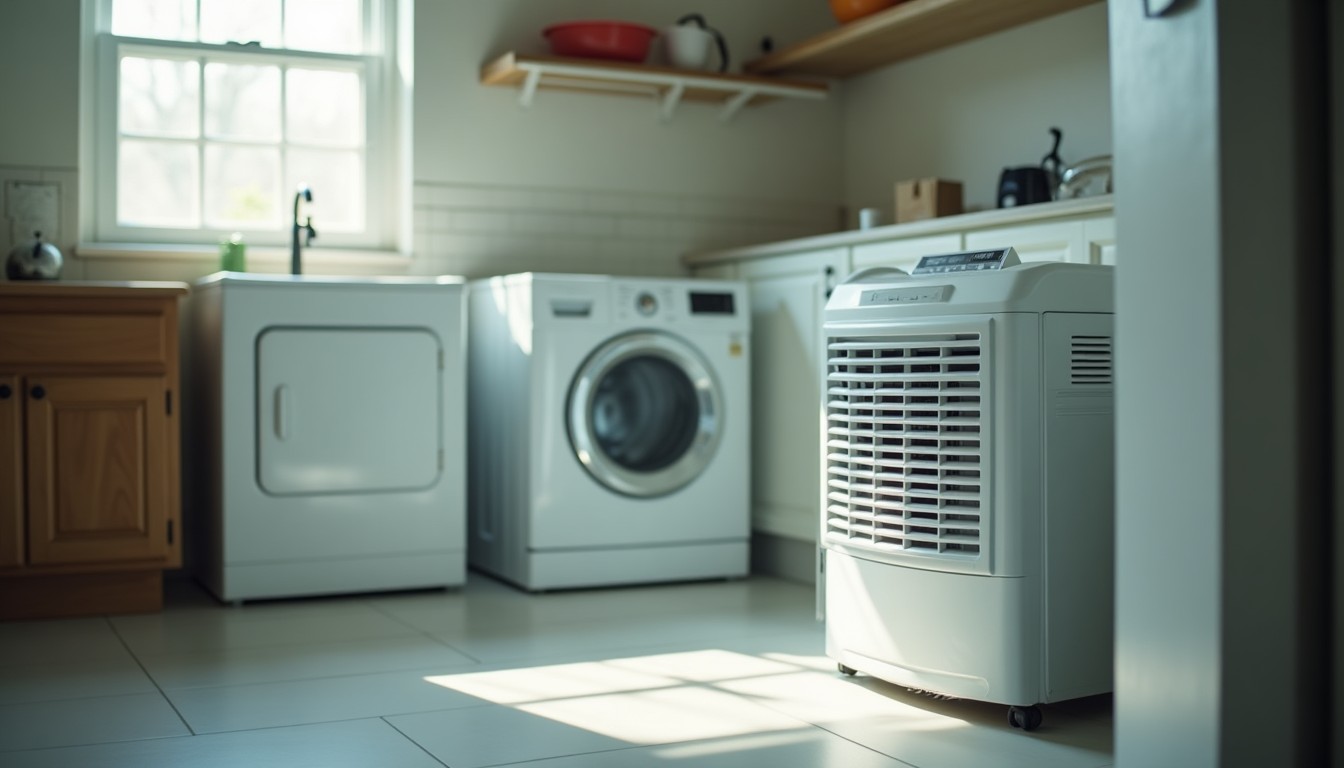 Dehumidifier running in a laundry room
