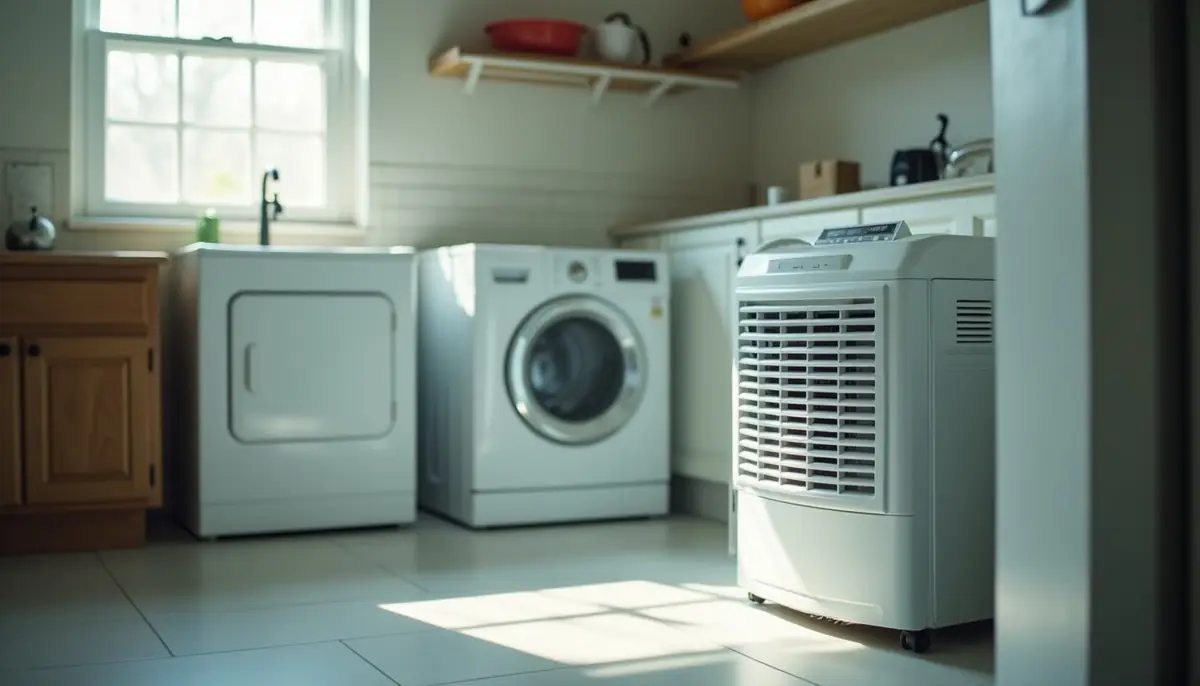 Dehumidifier running in a laundry room
