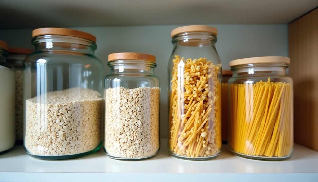 Glass jars of rice, oats and pasta on a shelf