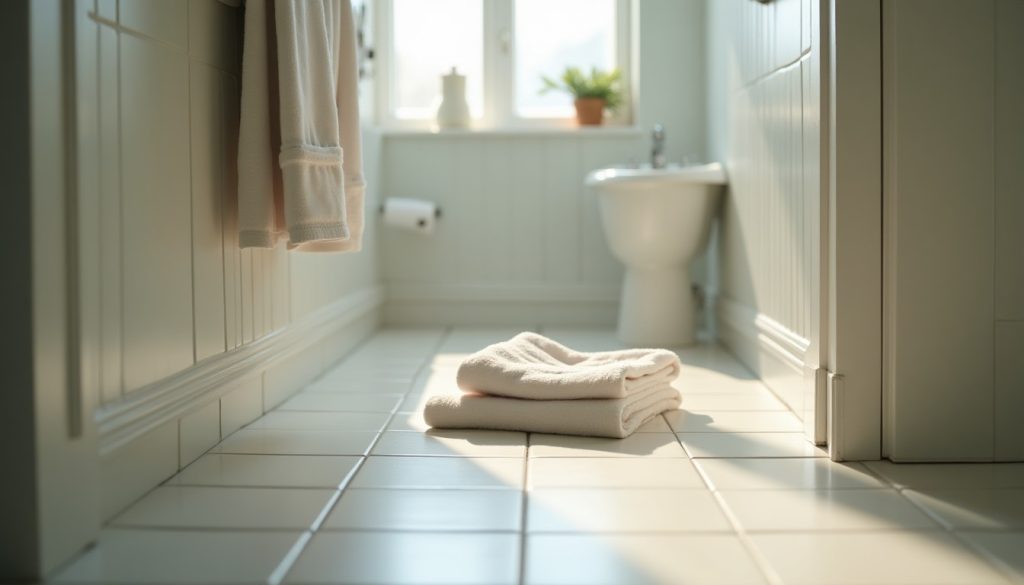 Bathroom with a towel and tiled floor in soft light