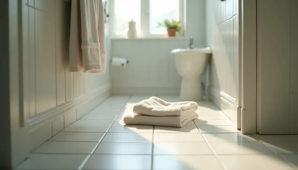Bathroom with a towel and tiled floor in soft light