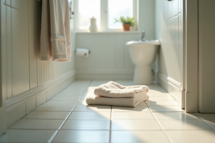 Bathroom with a towel and tiled floor in soft light
