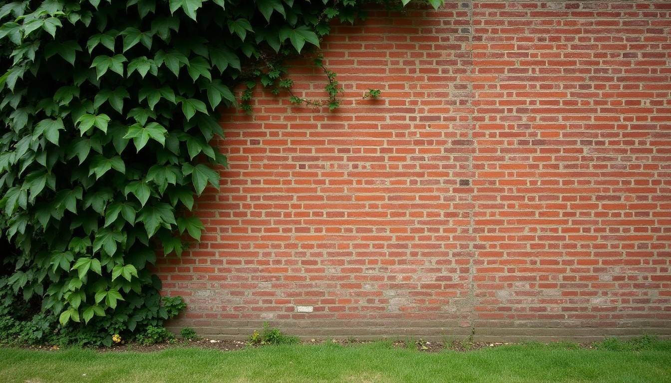 Rough brick exterior wall with ivy growing up it