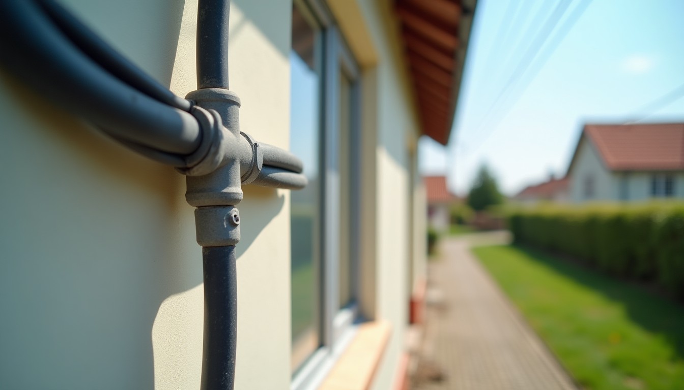 Utility cables running up the outside wall of a house