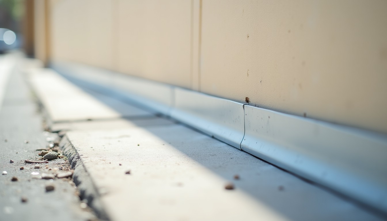 Smooth metal flashing at the base of a wall