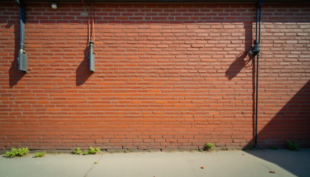 Brick house wall with cables running up it