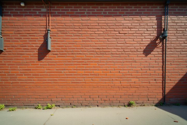 Brick house wall with cables running up it