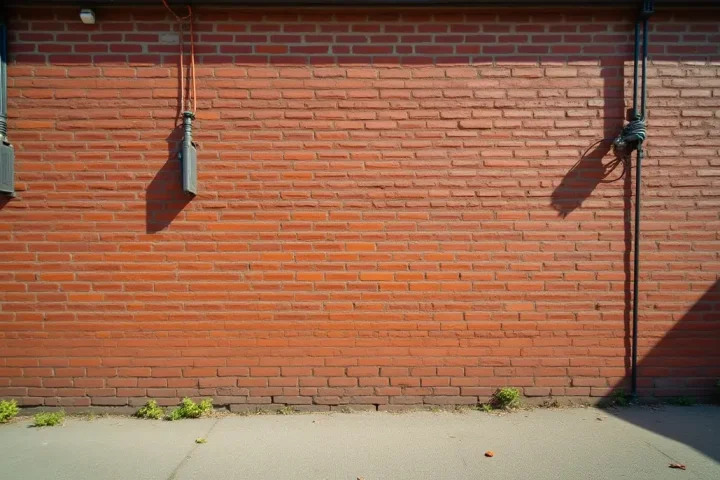 Brick house wall with cables running up it
