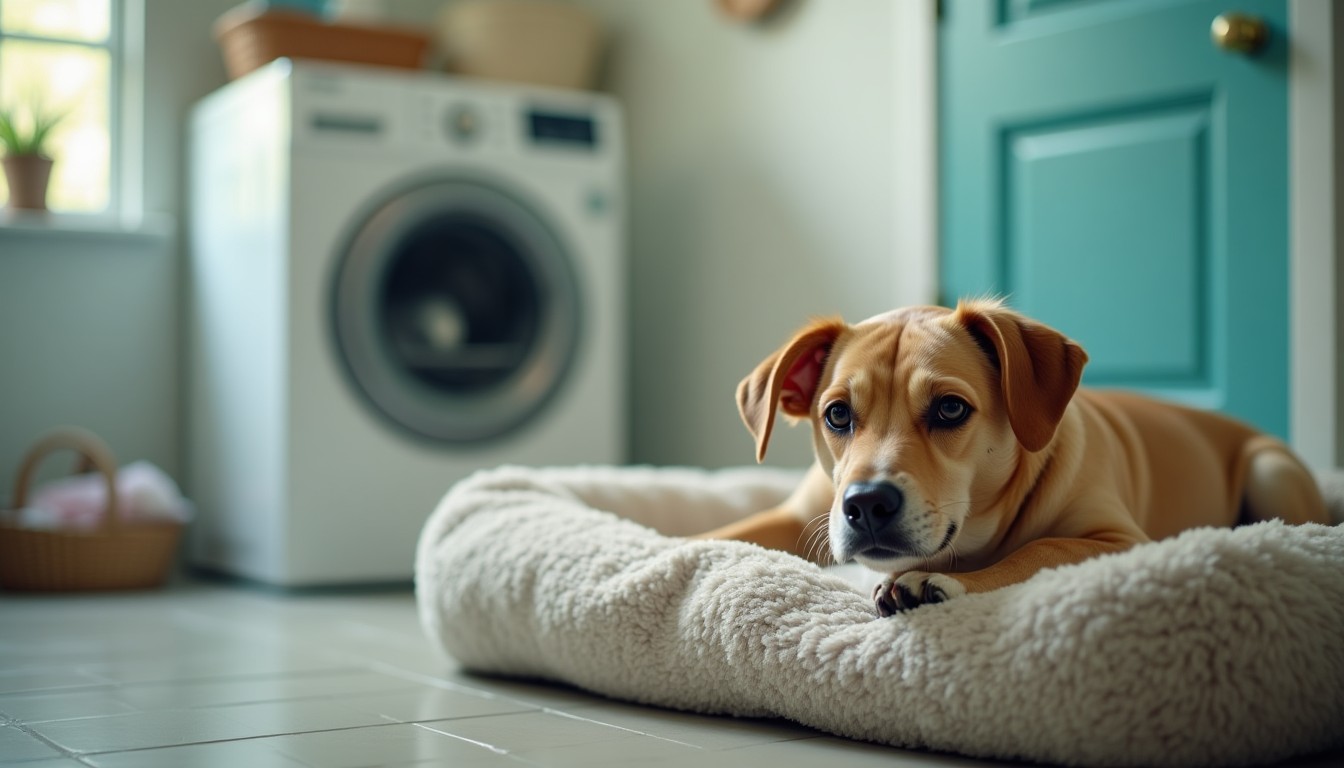 Dog bed in a laundry room beside a washing machine