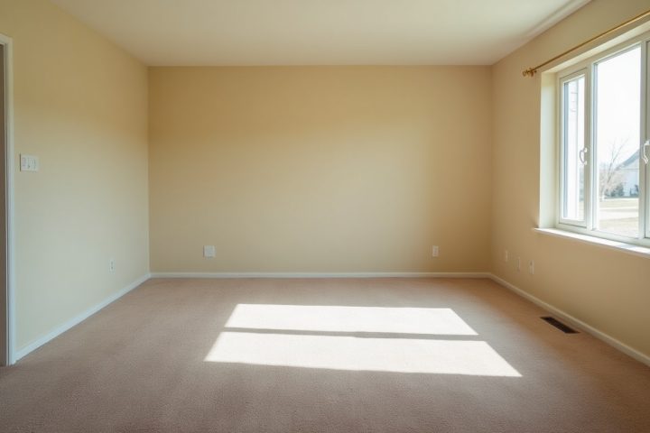 Empty living room with carpet in a vacant house