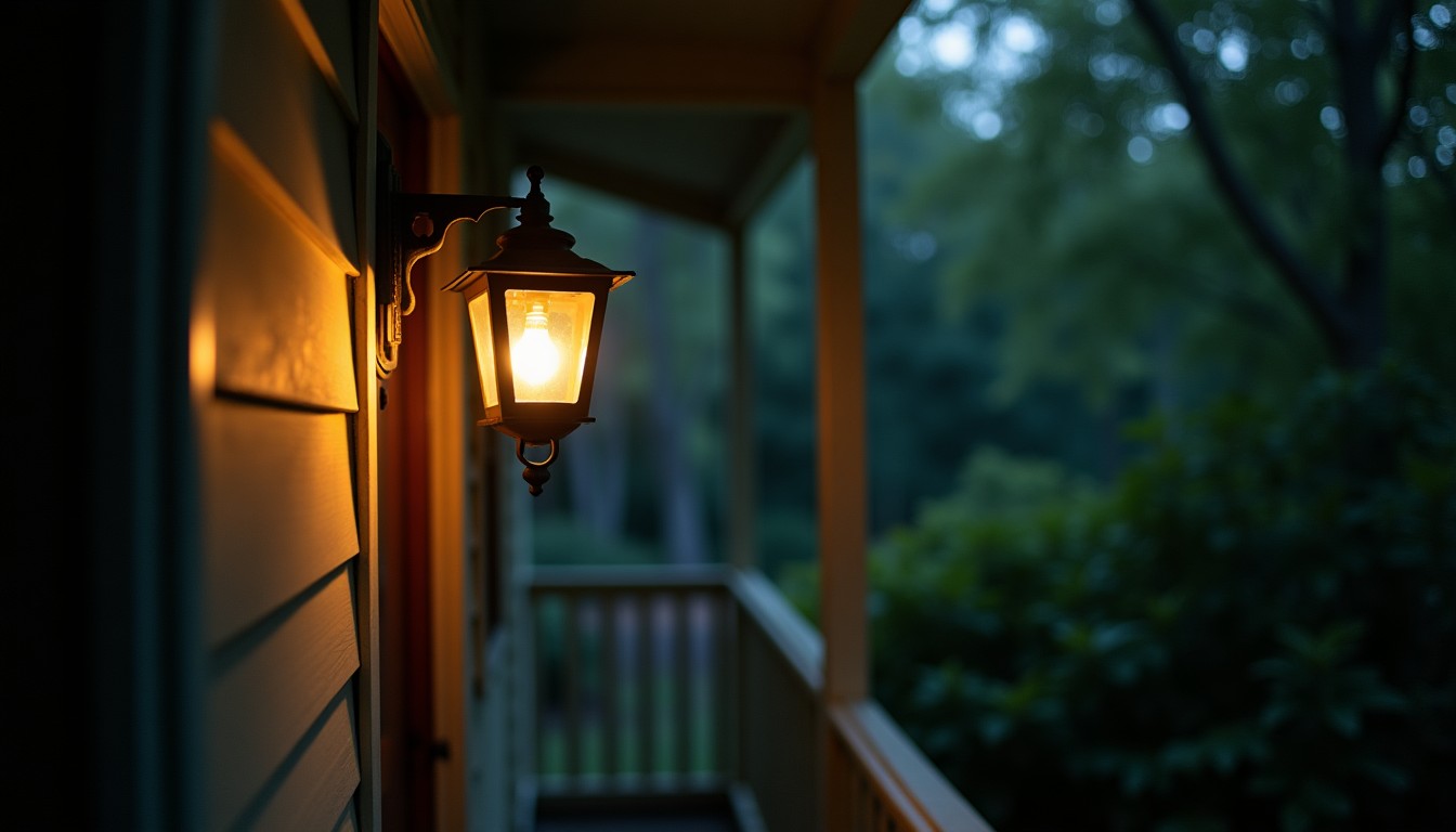 Porch light glowing at night in a humid southern garden