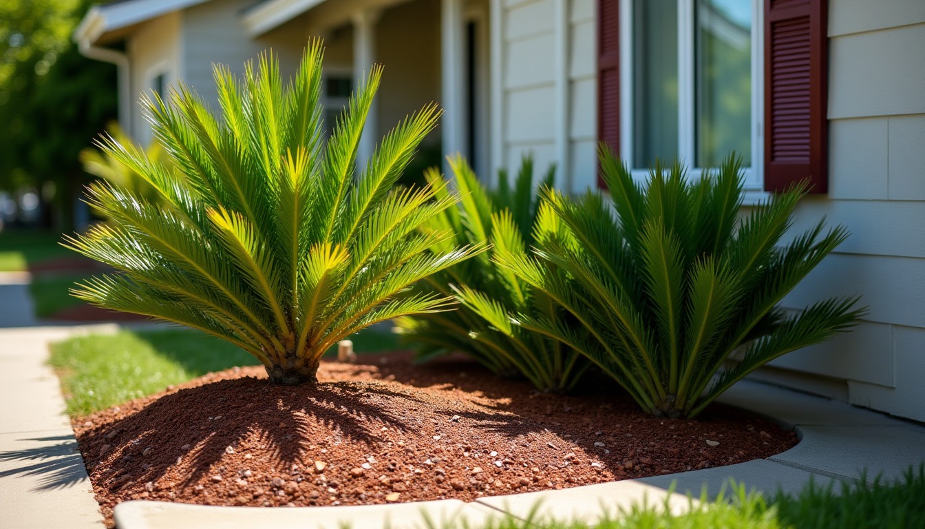 Dense mulch and palms beside a house