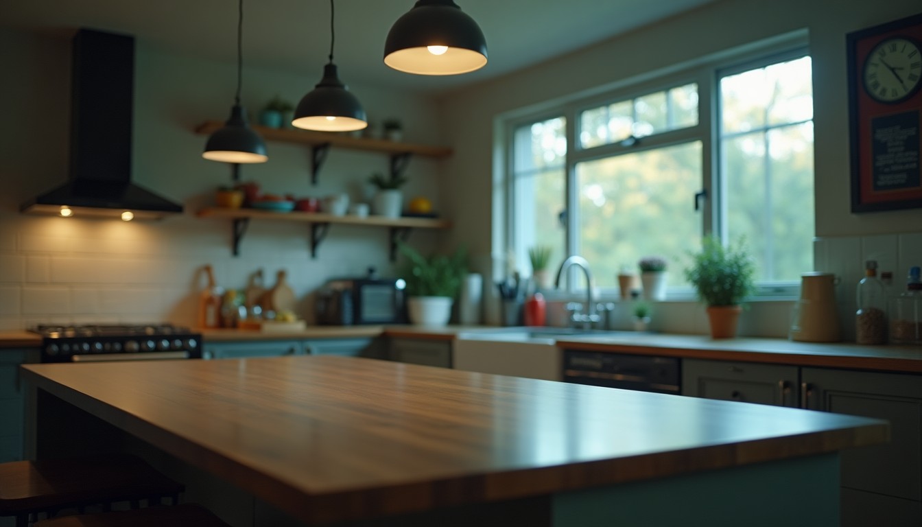 Clean kitchen counter at night