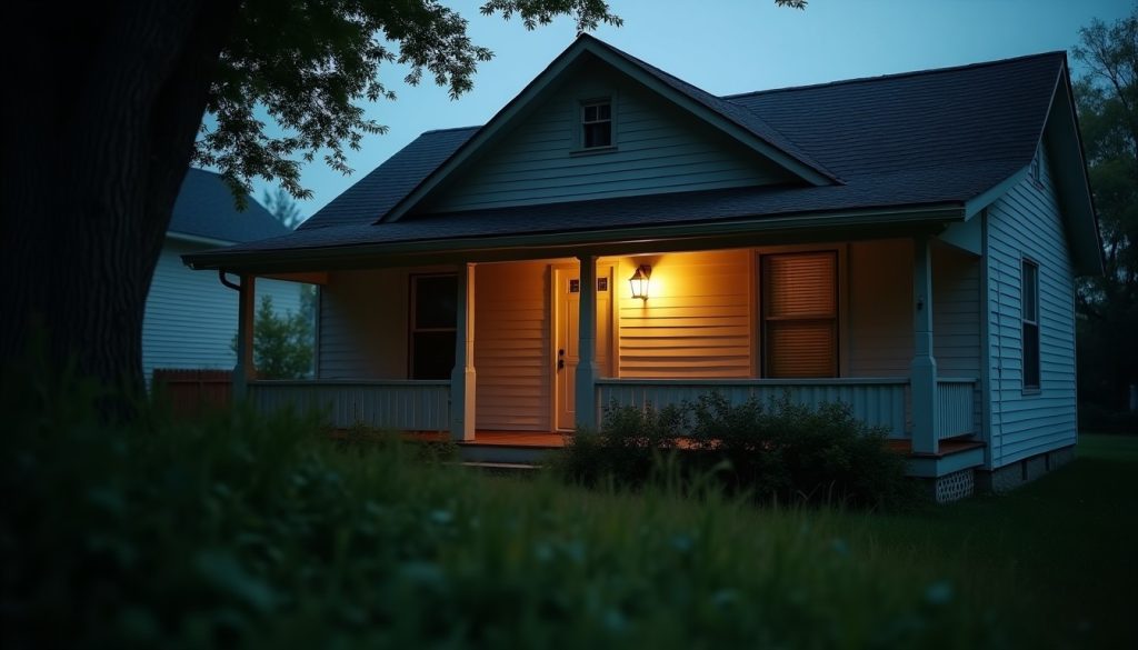 House exterior with a porch light on a humid evening